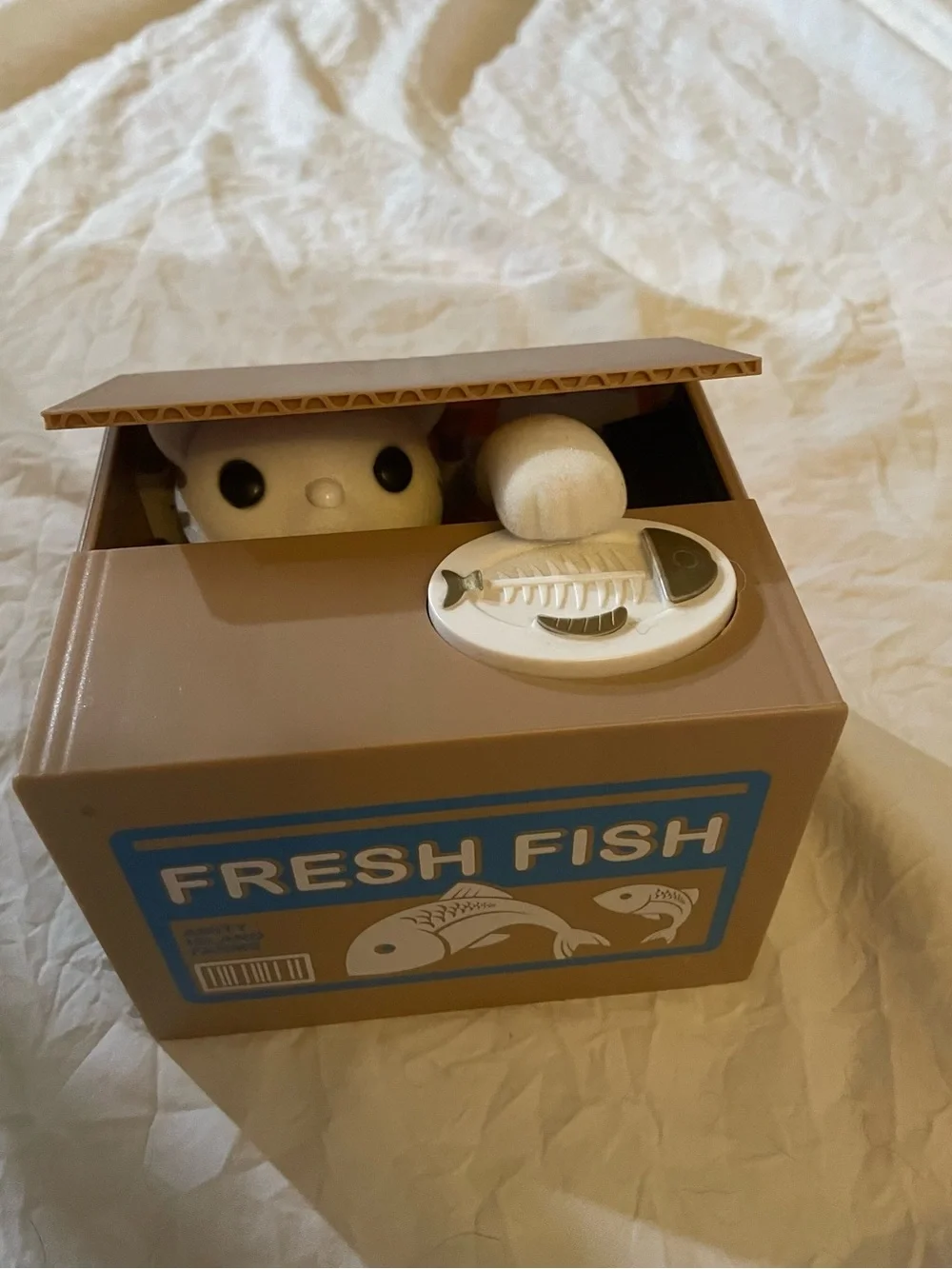 Stealing Cat Piggy Bank - Fresh Fish Brown Cardboard Box Style